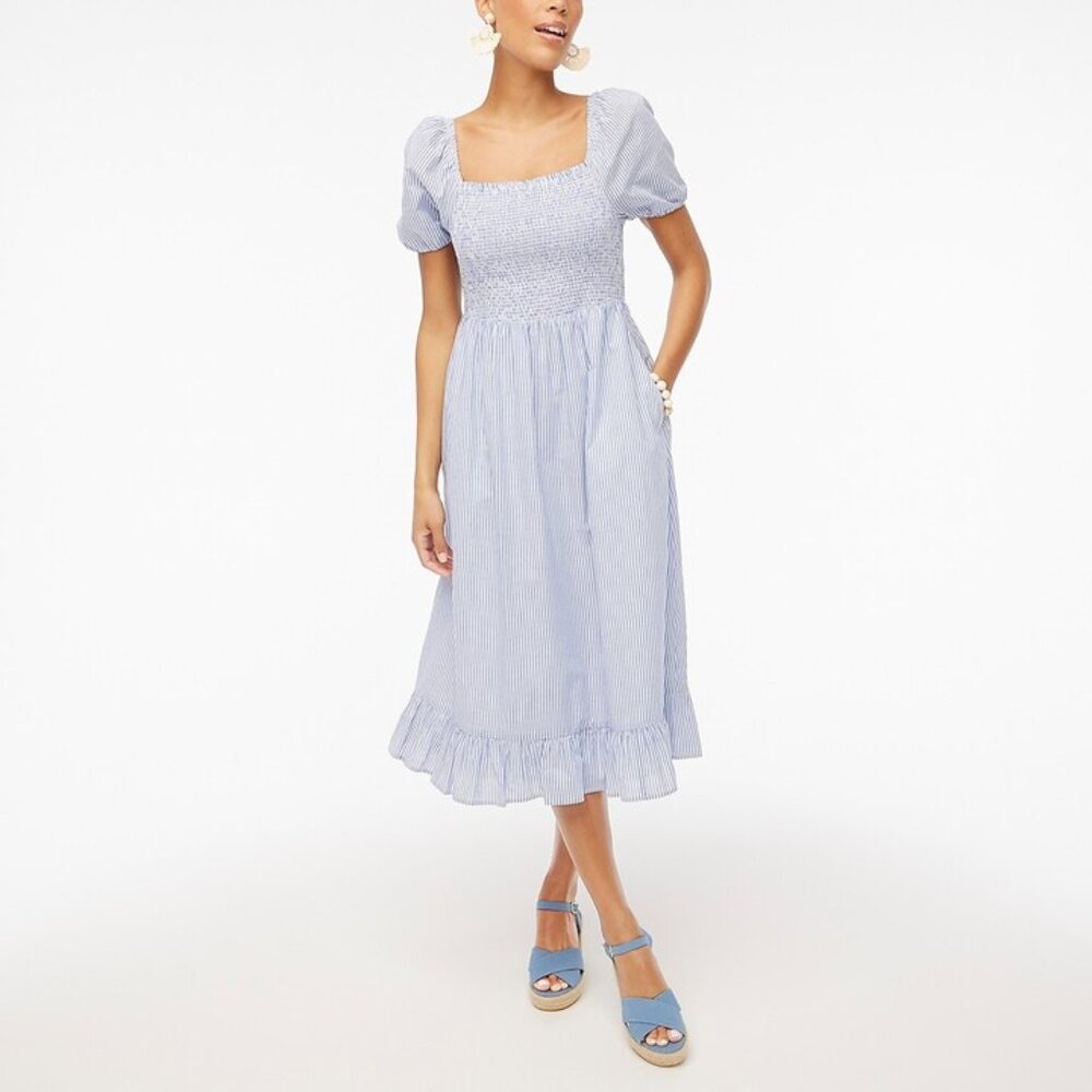 J. Crew Smocked Puff Sleeve Midi Dress